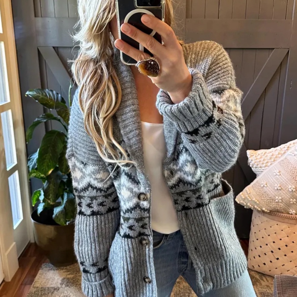 New Western Cowichan Print Long Grey Cardigan Sweater Thick Chunky Knit - Picture 9 of 13